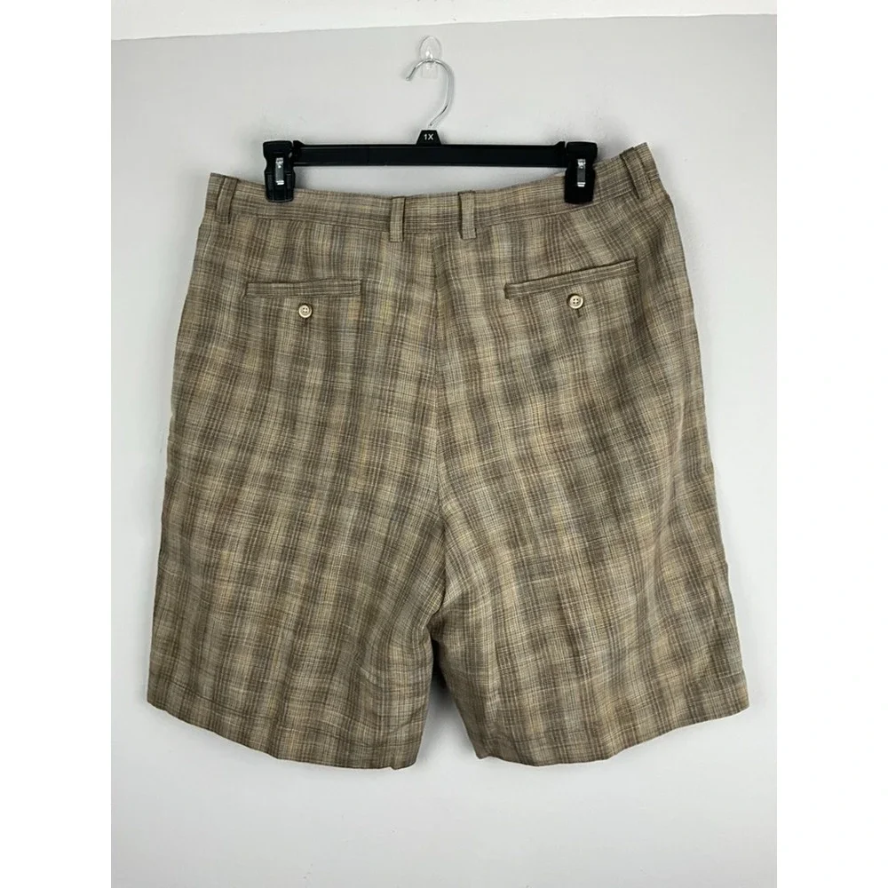 Tommy Bahama Linen‎ Silk Shorts Men's 38 Brown Plaid Dress Golf